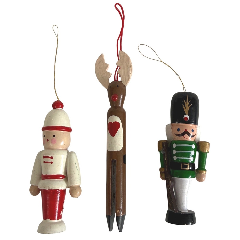 Vintage Wooden Christmas Ornaments Lot of 3 Nutcracker Reindeer Soldier